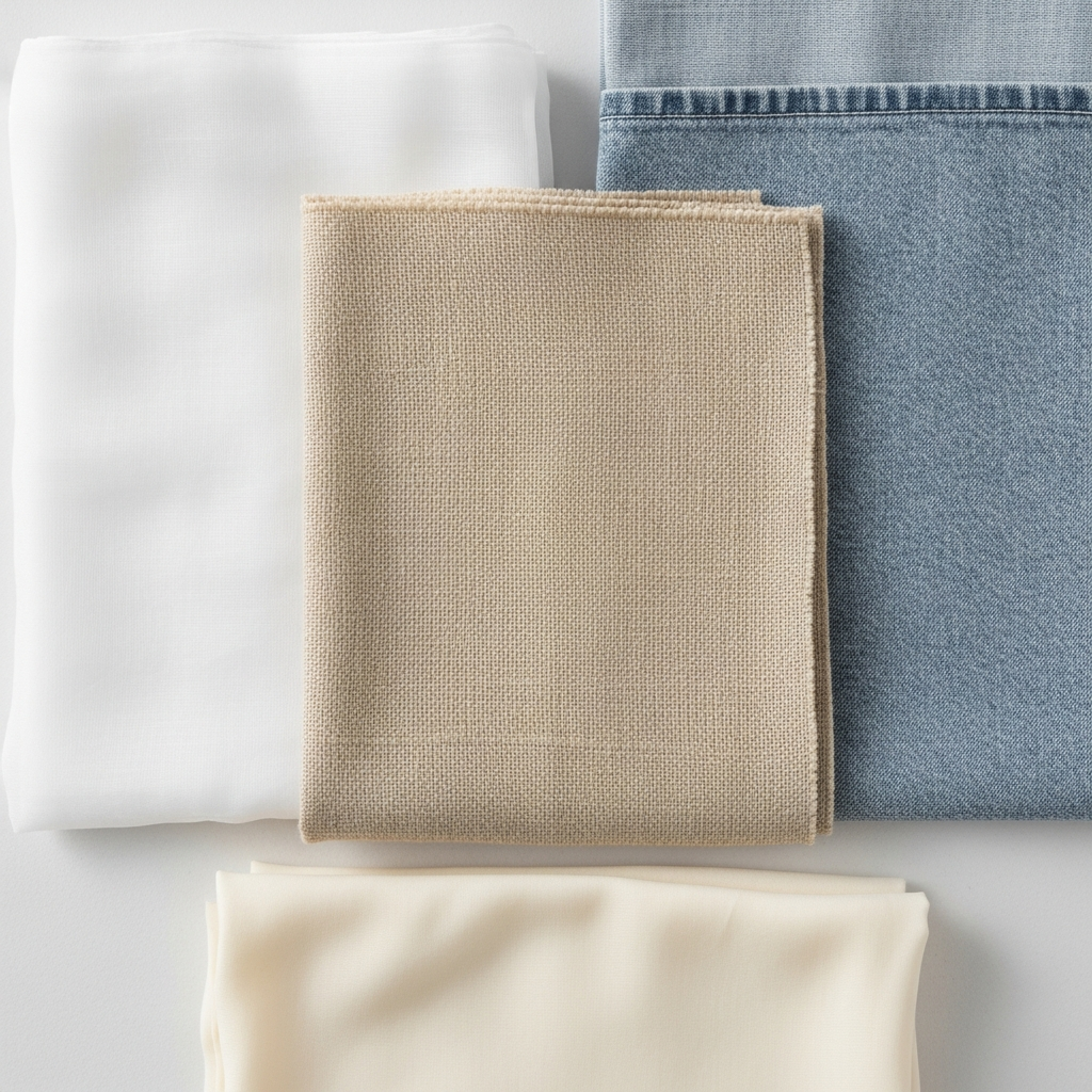 Close-up detail of various breathable fabrics like linen and cotton in light colors.