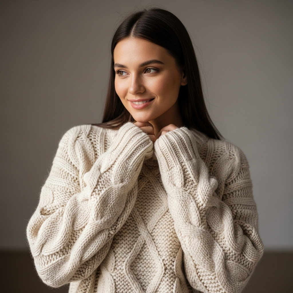 Close-up of a model wearing a chunky cream knit sweater, showcasing texture