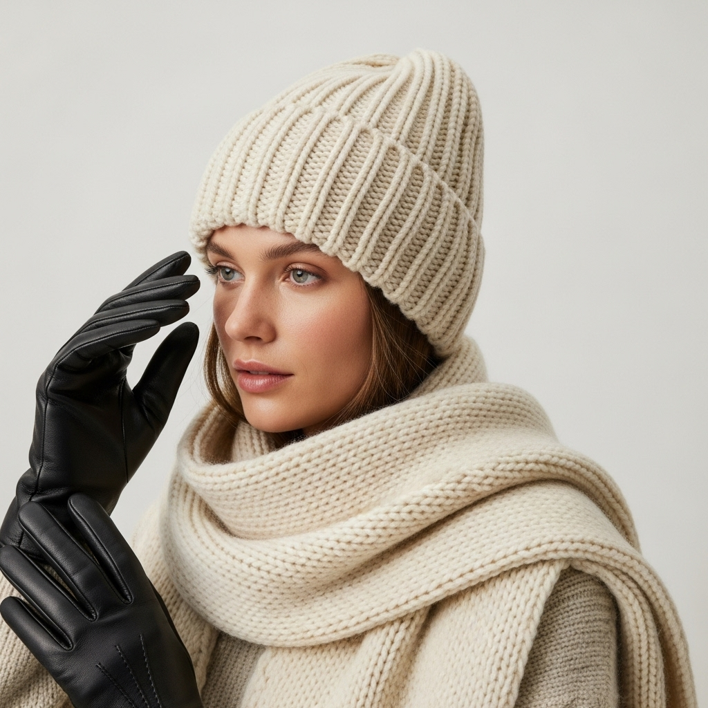 Flat lay of essential winter accessories: wool scarf, leather gloves, and knitted beanie on a snowy background