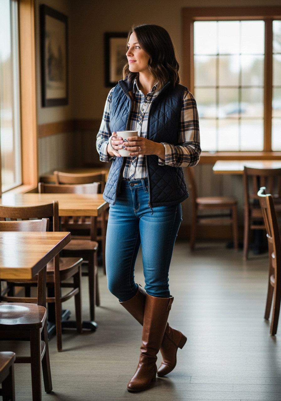 Stylish woman demonstrating fall layering with a vest, flannel shirt, and jeans
