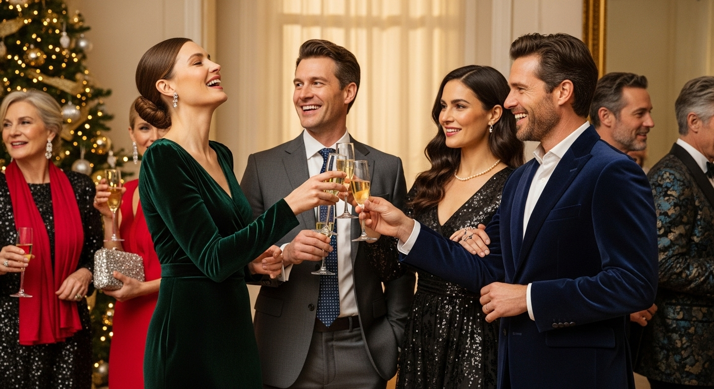 Diverse group of friends celebrating in elegant holiday party outfits