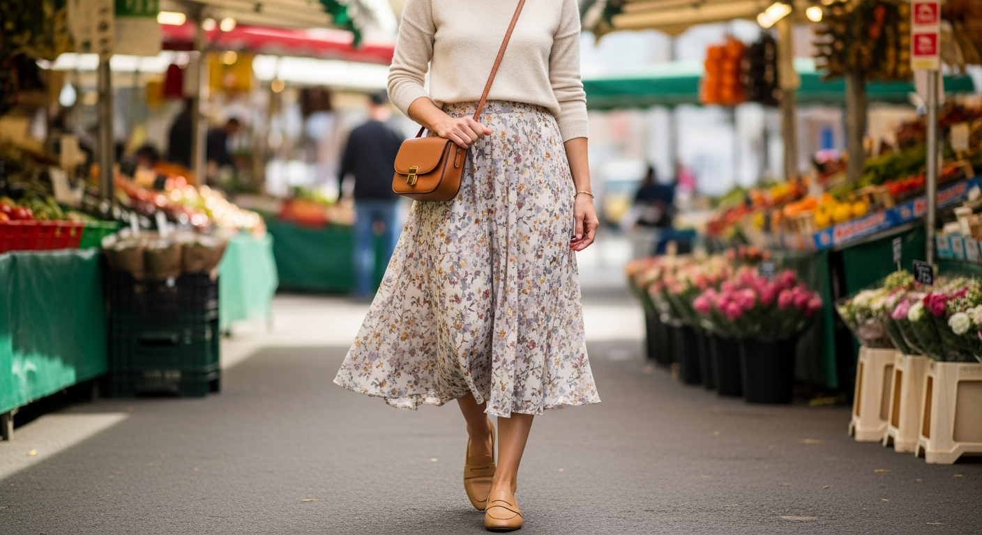 Woman wearing a floral midi skirt, light knit top, and loafers, perfect for spring transition.
