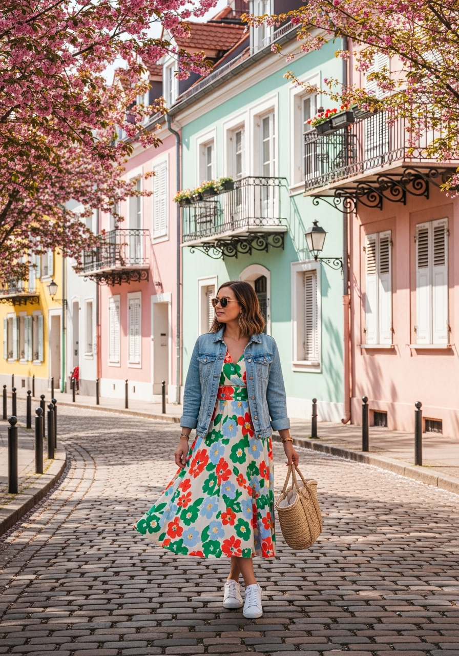 Woman in a floral midi dress and light denim jacket walking through a European city street in spring.