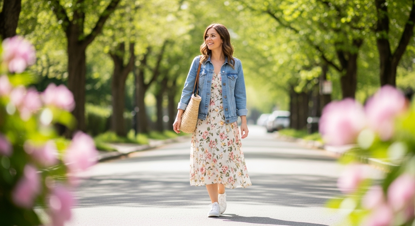 Woman in a stylish spring layered outfit walking outdoors.