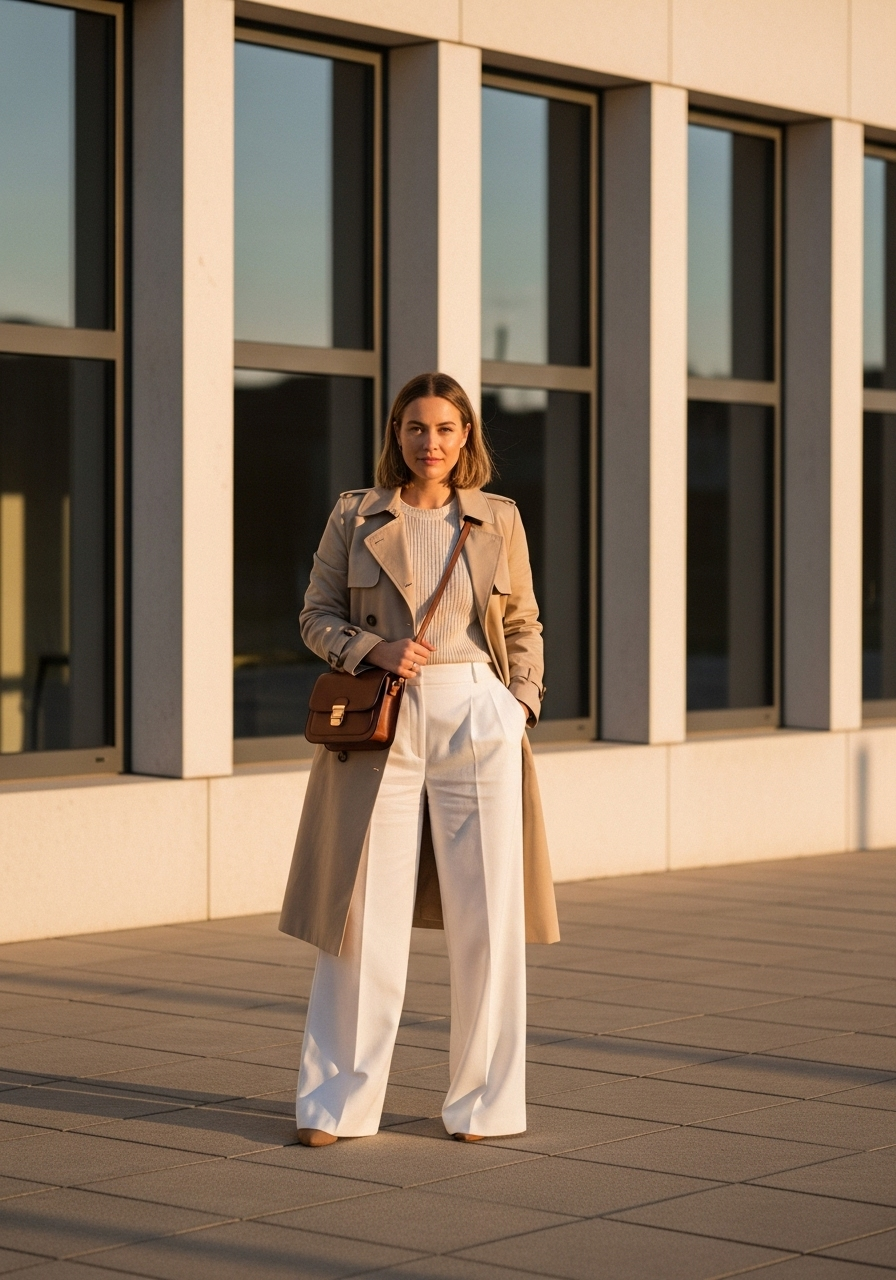 Woman wearing a classic beige trench coat and wide-leg trousers.