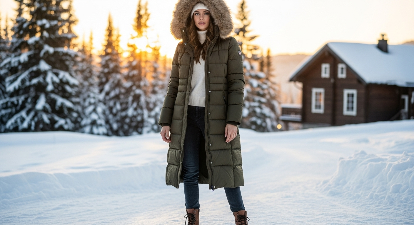 Woman in a fashionable olive green long puffer coat with a faux fur hood
