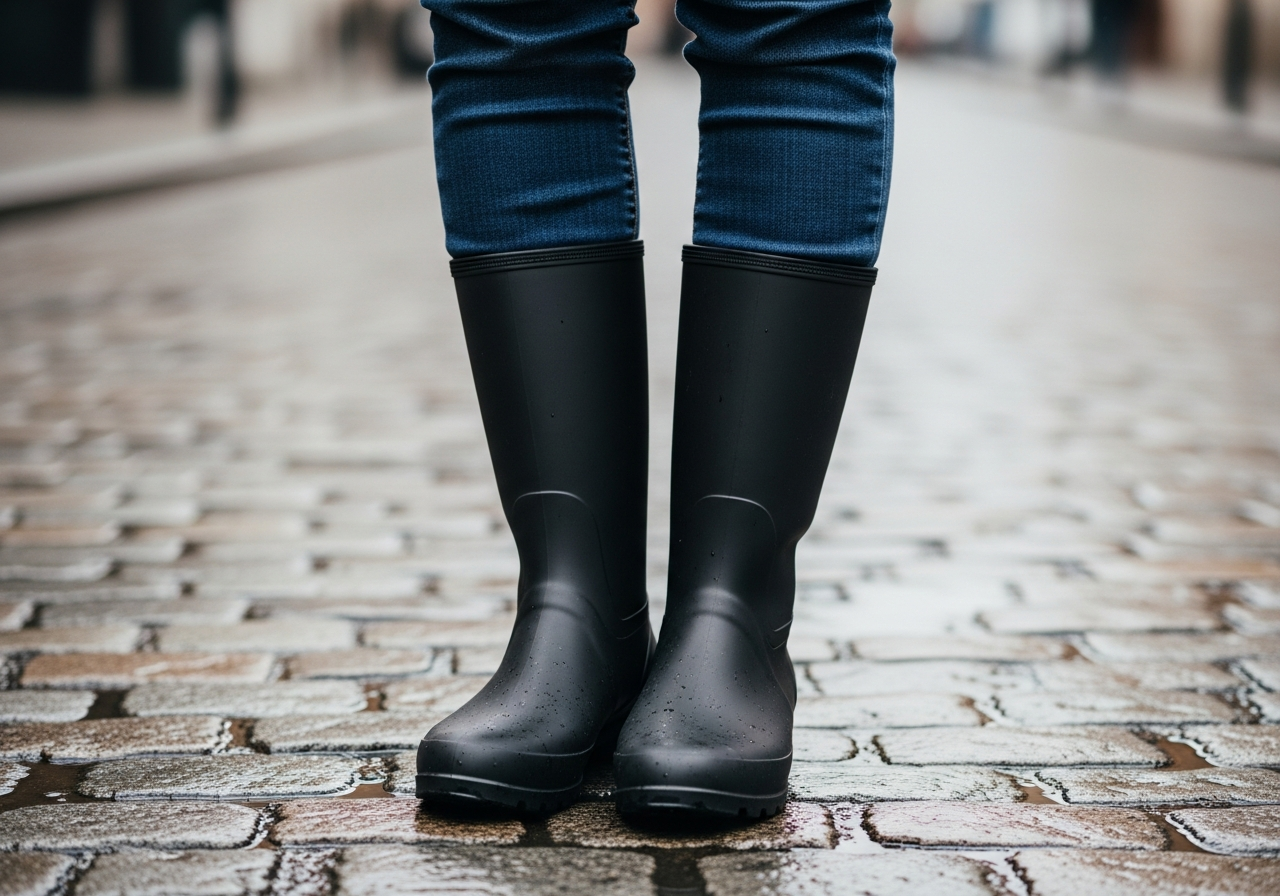 Close-up of stylish black rain boots paired with dark pants on a wet sidewalk.