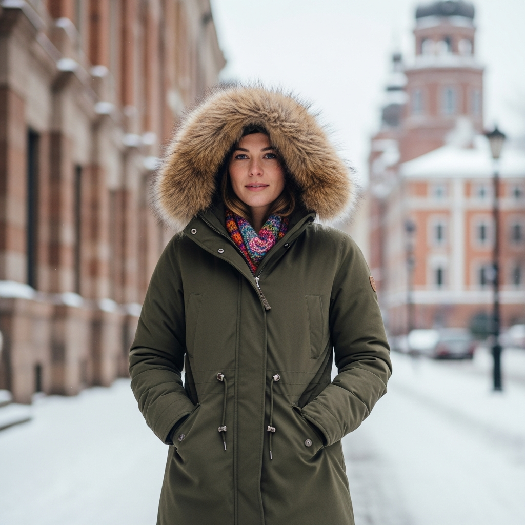 Close-up of a woman modeling a stylish, insulated winter parka with a faux fur hood in a snowy urban setting