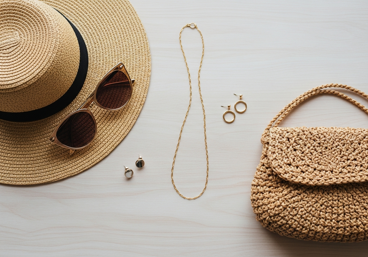 Flat lay of summer accessories including a straw hat, sunglasses, and minimalist jewelry.