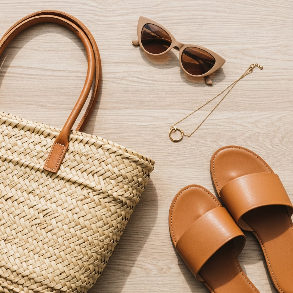 Flat lay of essential summer accessories and footwear including a straw bag, sunglasses, and sandals.