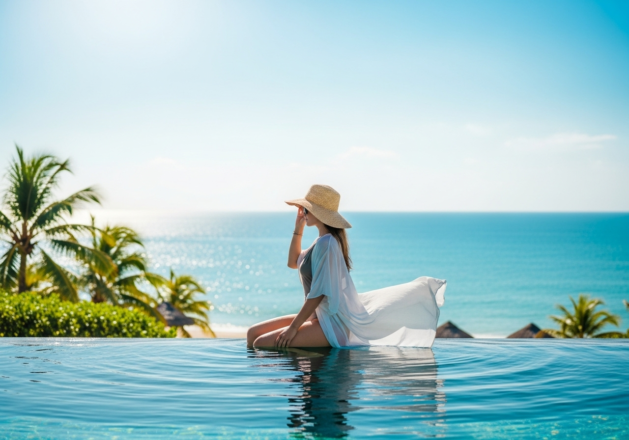 Woman relaxing on a beach, wearing a stylish swimsuit and a flowy cover-up, ready for resort activities.
