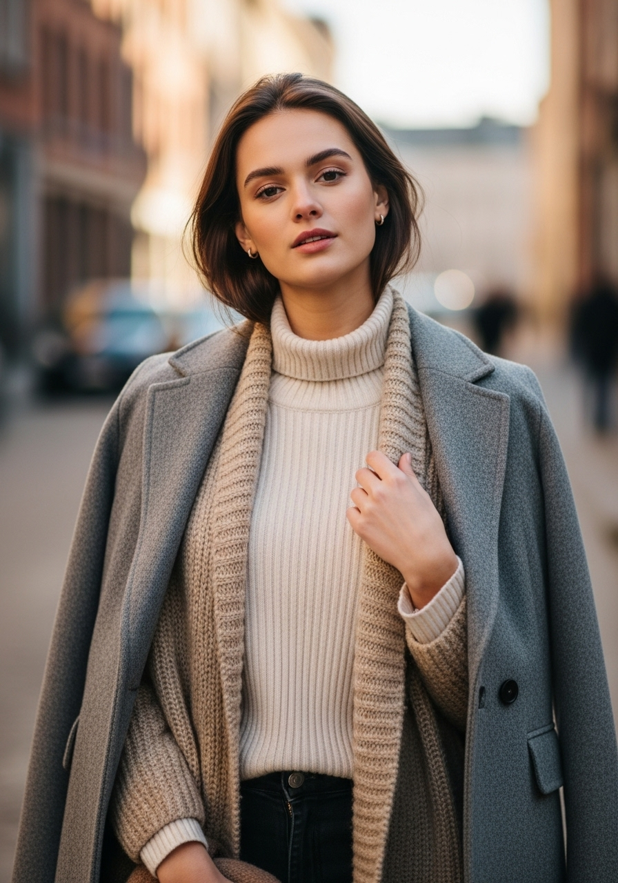 Woman demonstrating stylish winter layering with a turtleneck, sweater, and wool coat